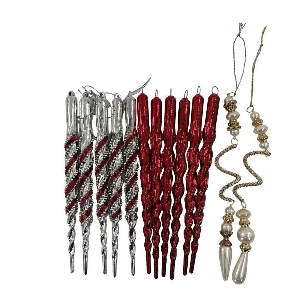 Vintage Christmas Swirl Icicle Red Silver and Beaded Ornaments